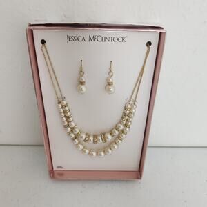 Jessica McClintock Necklace and Earrings Pearl Rhinestones